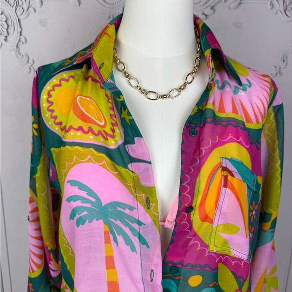 Vibrant Tropical Multicolor Oversized Button Up Shirt Dress - Picture 4 of 12